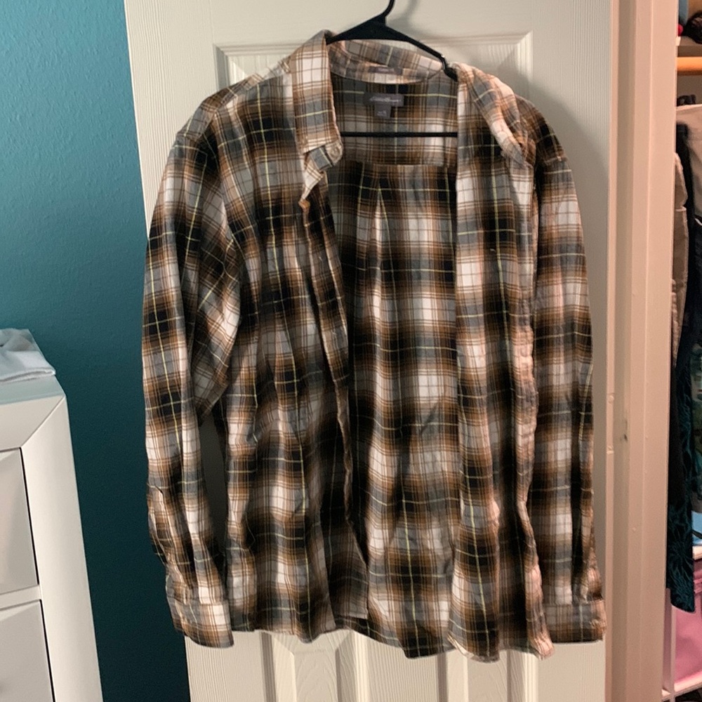 brown, black, white and yellow plaid long sleeve button down
